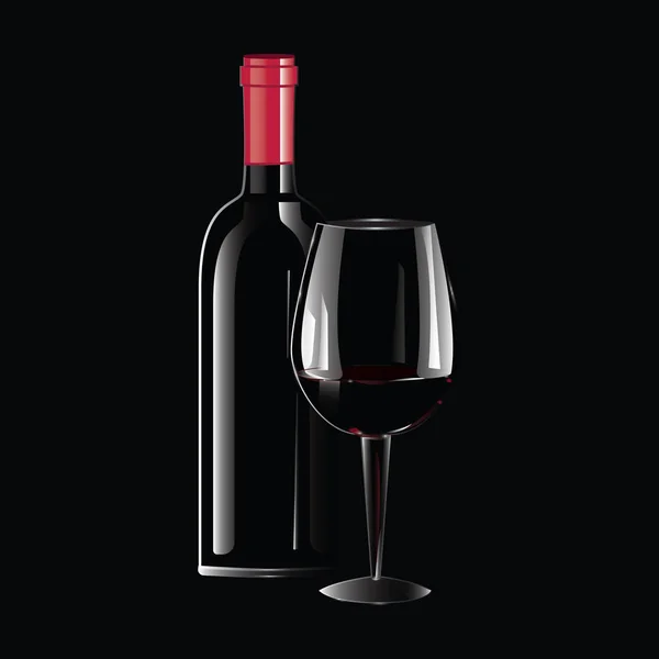 Botella de vino negro realista con un corcho rojo, vidrio - aislado sobre un fondo negro - arte creativa moderna ilustración vectorial — Vector de stock