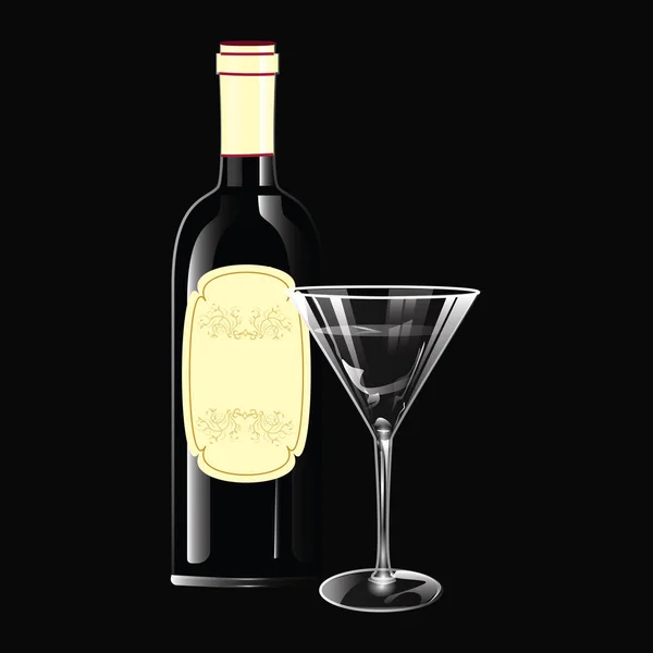 Botella de vino con corcho, etiqueta vintage, vidrio, - realista - aislado sobre fondo negro - arte creativo vector ilustración . — Vector de stock