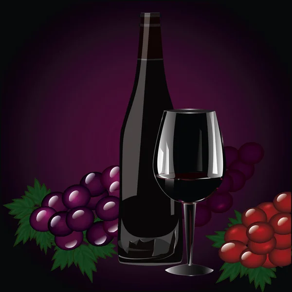 Wine bottle with cork, big glass, bunches of grapes - realistic - isolated on black and purple background - art creative vector illustration. — Stock Vector