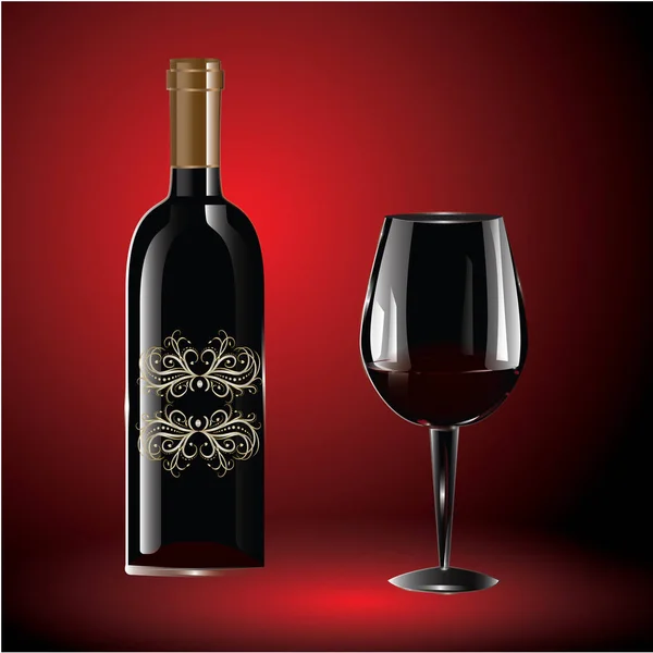 Botella de vino con corcho, etiqueta vintage, vidrio grande - realista - aislado sobre fondo negro y rojo - ilustración vectorial creativa de arte . — Archivo Imágenes Vectoriales