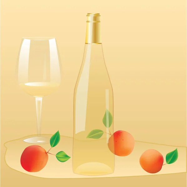 Una botella de vino blanco con un corcho, vidrio, albaricoques, - realista - aislado sobre un fondo decorativo amarillo claro - arte creativo vector ilustración . — Vector de stock