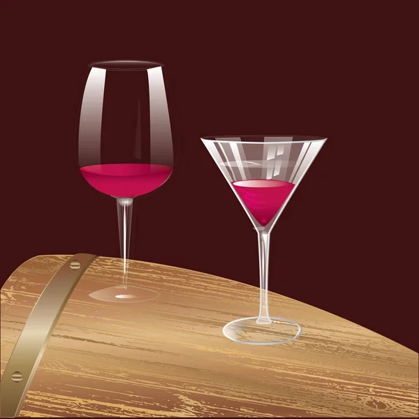 Copas de vino con un soporte de vino rosa en un barril - realista - sobre un fondo marrón oscuro - ilustración vectorial creativa artística . — Vector de stock