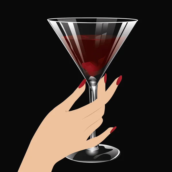 Elegante mano femenina sosteniendo una copa transparente de vino tinto - ilustración vectorial abstracta creativa artística — Vector de stock