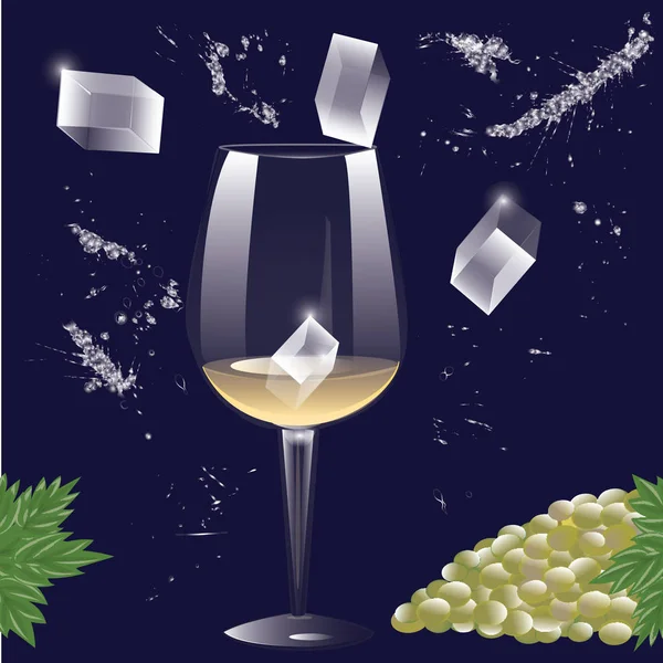 Vidrio transparente de vino blanco, hielo, aerosol, racimo de uvas - sobre fondo azul oscuro - arte creativo moderno vector ilustración — Vector de stock