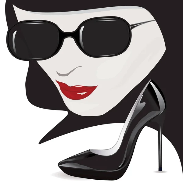 女性的脸 — — 神秘，红色的嘴唇，黑色的太阳镜，漆的高跟鞋-艺术抽象创意现代插画、 矢量 — 图库矢量图片