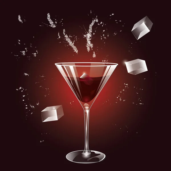 Una copa de vino tinto, hielo, spray - realista - sobre un fondo rojo oscuro - arte creativa moderna ilustración vectorial — Vector de stock