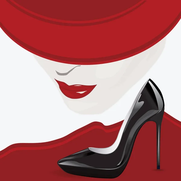 图像的女性的脸 — — 红红的嘴唇，帽子，漆黑色的高跟鞋-艺术抽象创意现代插画、 矢量 — 图库矢量图片