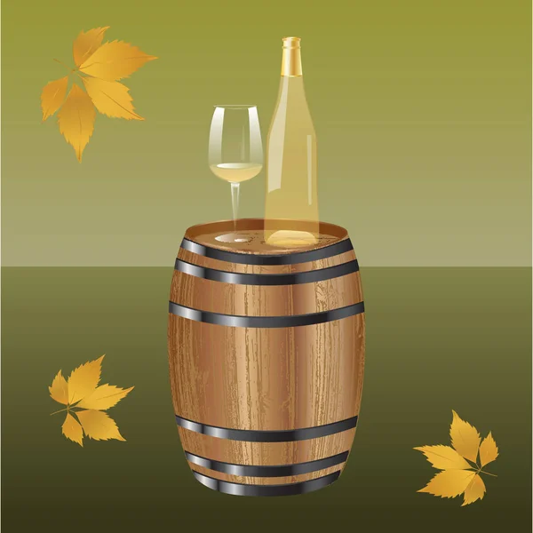 Bodegón de otoño. Barril de madera, botella transparente de vino blanco, vidrio, - realista - - arte abstracto vector ilustración creativa . — Vector de stock