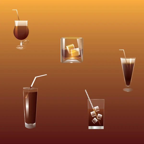 Набор из пяти напитков коричневого цвета - в прозрачных бокалах разной формы - коньяк, коктейль, кофе ликер - искусство творческой современной векторной иллюстрации — стоковый вектор