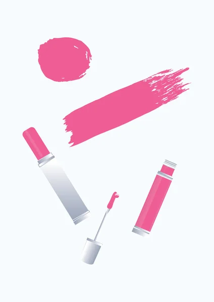 Conjunto - tubo de batom, batom líquido, pincelada aquarela no estilo grunge - cor rosa no fundo branco - isolado - arte criativo moderno vetor abstrato — Vetor de Stock