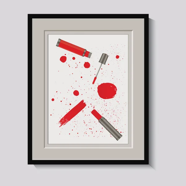 Set in einem quadratischen Rahmen - Lippenstift Tube, flüssiger Lippenstift, Aquarell Flecken, Spray, Pinselstrich im Grunge-Stil - rote Farbe auf weißem Hintergrund - isoliert - Kunst kreativ modernen abstrakten Vektor — Stockvektor