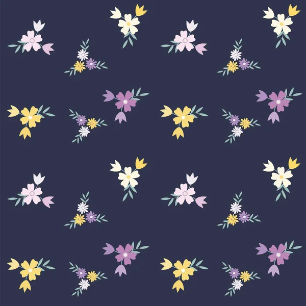 Motif - fleurs sauvages - violet, jaune, rose sur fond bleu foncé - vecteur artistique créatif — Image vectorielle