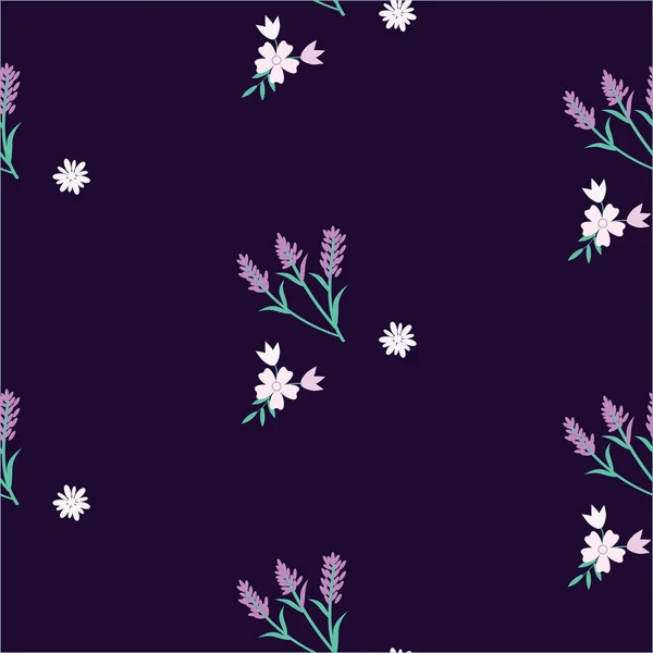 Motif-lavande et fleurs sauvages - lilas, rose sur fond bleu foncé - vecteur abstrait d'art créatif — Image vectorielle