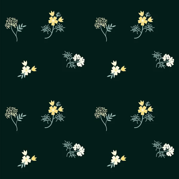 Motif - fleurs sauvages - jaune clair sur fond vert foncé - vecteur abstrait d'art créatif — Image vectorielle