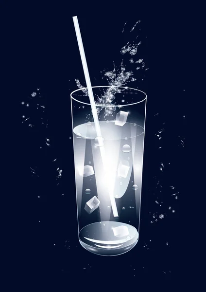 Vidrio transparente con agua, hielo, salpicaduras - sobre fondo negro - arte creativo vector — Vector de stock