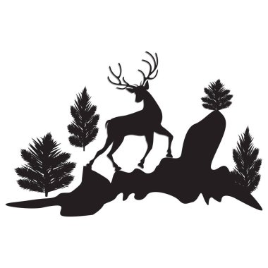 Siluet çalışan geyik ağaçlar uçurumlar siyah beyaz arka plan üzerinde - sanat tasarlamak yaratıcı modern vektör illüstrasyon izole