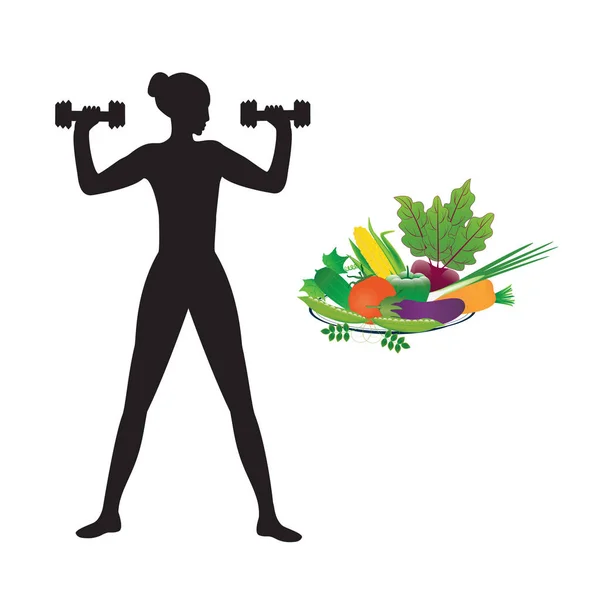 Sport sano cibo schizzo femmina manubrio multicolore set di verdure fresche isolato su sfondo bianco arte creativo moderno vettore — Vettoriale Stock
