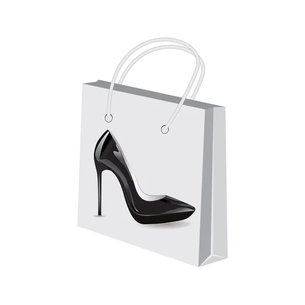 Bolso de papel para ir de compras decorado de charol negro realista zapatos de tacón alto aislados sobre fondo blanco arte abstracto creativo moderno vector — Vector de stock