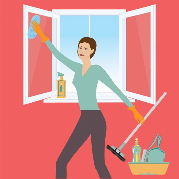 Frau wäscht offenes Fenster, Reinigungsmittel für Wohnung, Scheibenwischer, Pinsel, Schwamm, Kunst kreative moderne Vektorillustration — Stockvektor