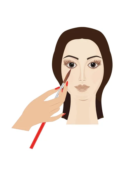 Vrouwelijke gezicht close-up, hand stylist schildert oog borstel, kunst creatieve moderne vectorillustratie. — Stockvector