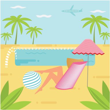 Şapkalı bir kadın bir şezlong plaj şemsiye topu palmiye ağaçları havuzu sanat yaratıcı modern vektör çizim içinde oturur. Seyahat Poster