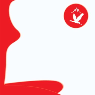 Logo uçan vinç ve dağ güneş ve erkek için kırmızı siluet ve sanat yaratıcılık arka plan modern tasarlamak vektör çizim afiş beyaz. Seyahat poster.