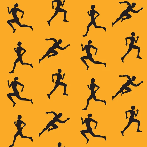 Patrón atletas corriendo silueta negro sobre un fondo amarillo arte creativo vector — Archivo Imágenes Vectoriales