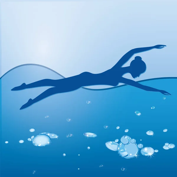 水肺潜水的剪影中抽象装饰蓝色背景艺术创意现代矢量图上的女人 — 图库矢量图片