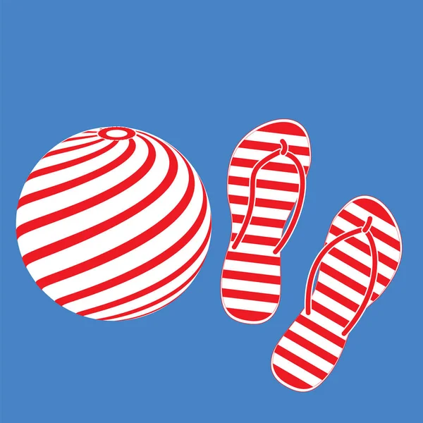 Sommaren röd flip-flop uppblåsbar gummiboll isolerad på blå bakgrund konst kreativa moderna vektor. Element för design — Stock vektor