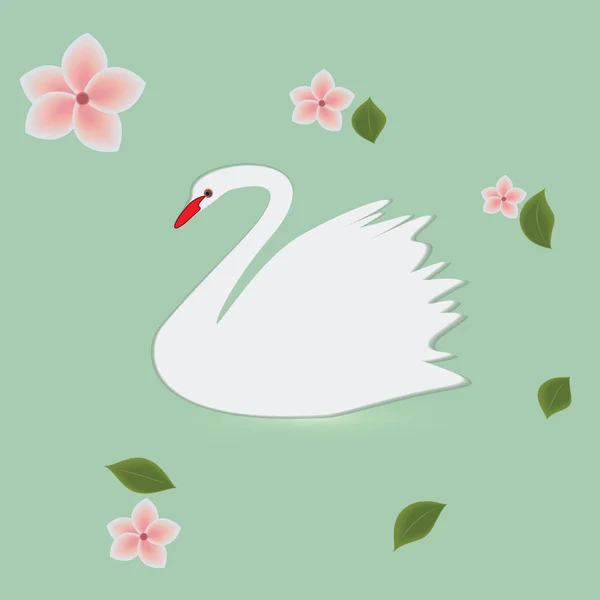 Witte Zwaan en bloemen zacht roze achtergrond licht groene creatieve kunst abstracte moderne vector — Stockvector