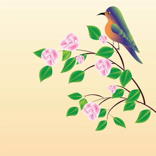 Branch with pink flowers and exotic bird on background light creative art abstract modern vector — Stock Vector