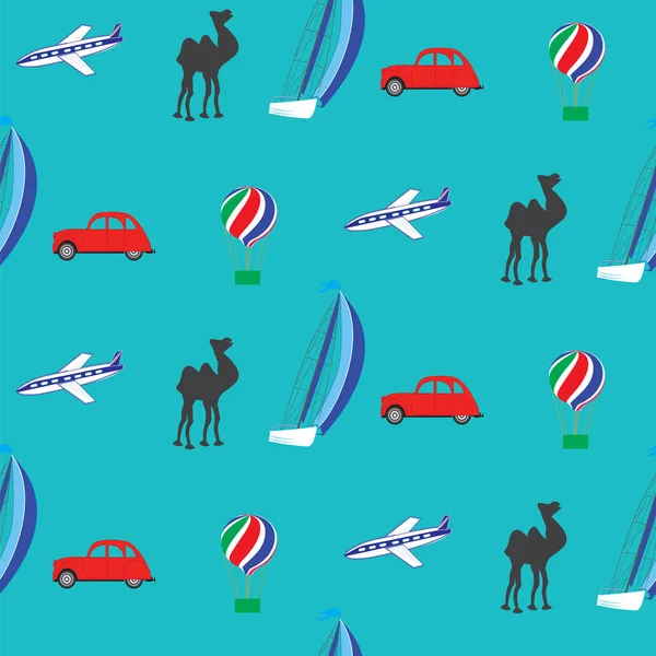 Patrón de viaje medios de transporte coche avión globo camello velero fondo color arte abstracto moderno creativo vector — Archivo Imágenes Vectoriales