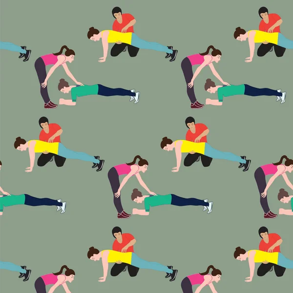Шаблон спорт фитнес личный тренер мужчина и женщина упражнения стенд на руках цветной художественный вектор творчества — стоковый вектор