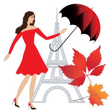 Eyfel Kulesi parlak silüeti şemsiye ile Kırmızı elbiseli kadın sanat yaratıcı modern vektör soyut illüstrasyon bırakır