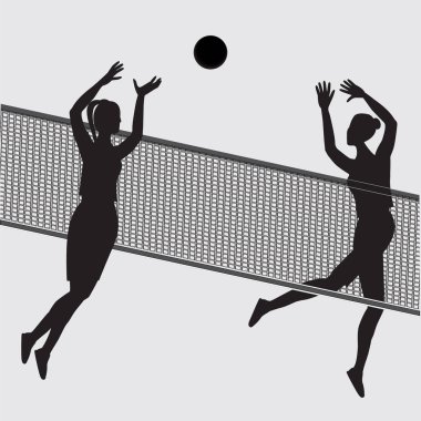 İki kadın voleybol net üzerinden beyaz arka plan sanat vektör yaratıcı izole top oynarken taslağını. Tasarım öğesi