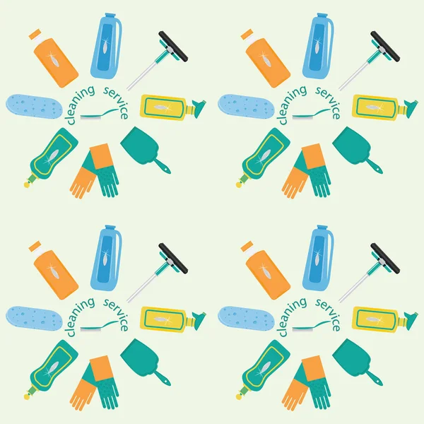 Servicios de limpieza de patrones conjunto de productos de limpieza cepillo esponja cucharada guantes limpiadores luz fondo arte creativo moderno vector — Archivo Imágenes Vectoriales
