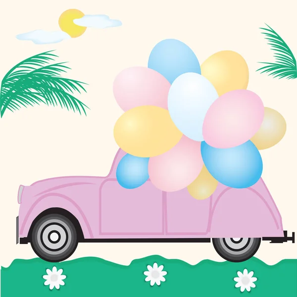 Kleine rosa Auto mit Luftballons Sonne Palmen Gänseblümchen Kunst abstrakte kreative Illustration Vektor — Stockvektor