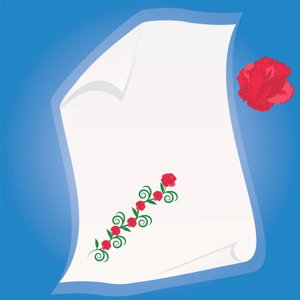 Rode rozen op een lange tak van een vel wit papier met een vlakke stijl van gebogen hoek abstract kunst creatieve vectorillustratie wenskaart — Stockvector