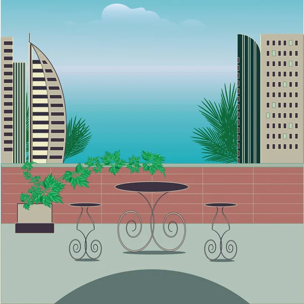 Straat café zee uitzicht hotel palm bomen blauwe hemel kunst moderne creatieve illustratie reizen Poster — Stockvector