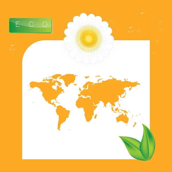 Logo eco carte du monde fleur blanche feuilles vertes sur un fond jaune art moderne illustration vectorielle créative — Image vectorielle