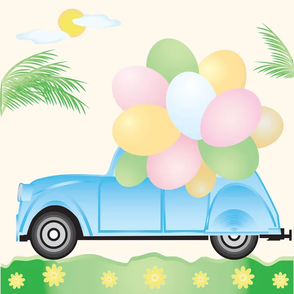 Kleine blaue Auto mit Luftballons Sonne Palmen Gänseblümchen abstrakte Kunst kreative Vektor Illustration — Stockvektor