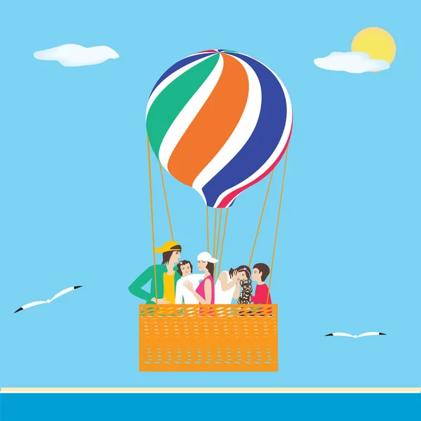 Familie Eltern kleine Kinder reisen auf einem Ballon marine Hintergrund Möwen Sonne Kunst kreativ modern Vektor Illustration — Stockvektor