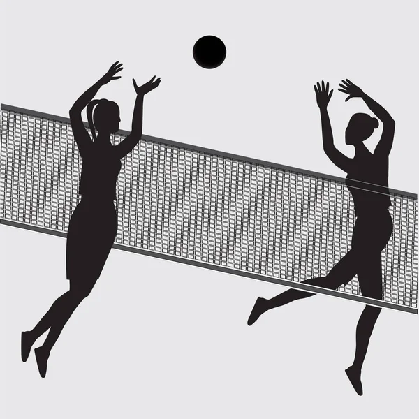 Bosquejo de dos mujeres jugando pelota a través de la red de voleibol aislado en el fondo blanco arte vector creativo. Elemento para el diseño — Vector de stock