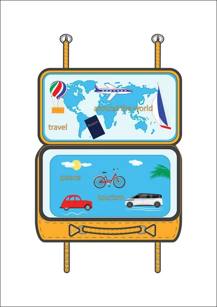 Offener Koffer Weltkarte Flugzeug Yacht Auto Fahrrad Inschrift Tourismus Reise um die Welt Kunst kreative moderne Vektor Illustration flachen Stil. Touristisches Plakat — Stockvektor