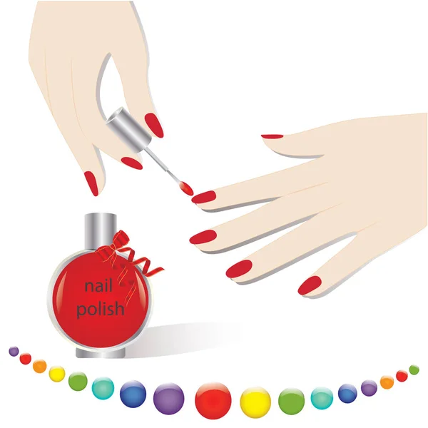 Ensemble de mains féminines manucure vernis à ongles rouge dans une bouteille en verre décorée avec une palette de rubans de ballons colorés isolés sur fond blanc art élément vecteur créatif pour la conception — Image vectorielle