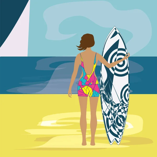 Женщина-серфер на берегу моря искусства креативного современного векторного иллюстрационного плаката путешествия — стоковый вектор