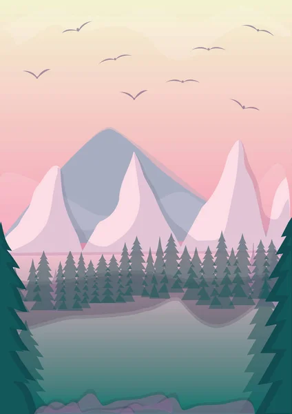 Krajobraz ośnieżone góry ptak Las rzeka ilustracja kreatywnych nowoczesny Abstrakcja vector — Wektor stockowy