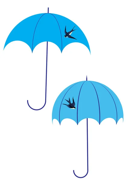 Conjunto de dois guarda-chuva azul com um vetor criativo de arte engolir voador isolado no elemento de fundo branco para design —  Vetores de Stock