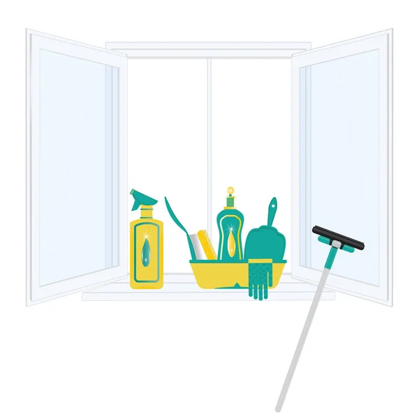 Set pour nettoyer une fenêtre ouverte sur un nettoyant de seuil de fenêtre dans une bouteille gants scoop brosse éponge lavabo essuie-glace isolé sur fond blanc art-créatif élément vecteur pour la conception — Image vectorielle