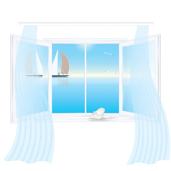 Offenes Fenster außerhalb der Meereslandschaft Reflexion in den Glasvorhängen auf der Fensterbank Shell isoliert auf weißem Hintergrund Kunst kreative Vektor-Element für Design — Stockvektor